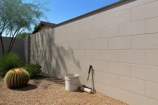 Finished concrete block wall with thick masonry paint, a paint bucket, and a roller frame in a Phoenix, AZ yard.