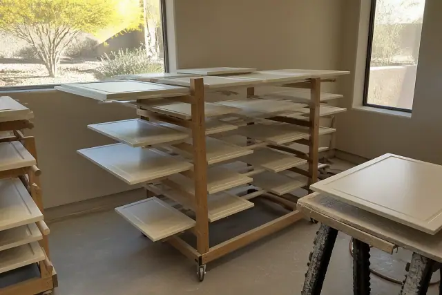 Dismantled kitchen cabinet doors drying on racks in a Phoenix, AZ workshop during a painting project.