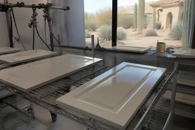 Freshly painted kitchen cabinet doors on a drying rack in a Paradise Valley, AZ workspace with desert views.
