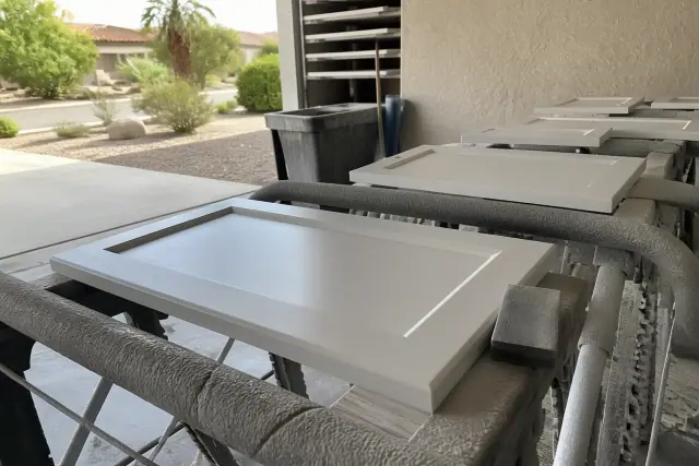Cabinet doors drying on racks during a kitchen cabinet refinishing project in a Tempe, AZ workshop.