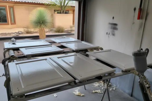Dismantled cabinet doors drying on racks in a Gilbert, AZ workspace with painting equipment.