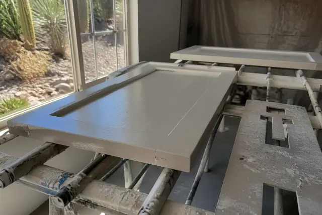 Cabinet doors resting on drying racks in a Scottsdale, AZ workshop with paint-splattered masking and fresh brush strokes.