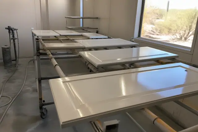 Cabinet doors drying on racks in a Mesa, AZ workshop with paint sprayer equipment and desert plants visible outside.
