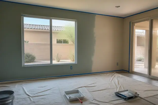 Interior painting in progress with taped trim and fresh paint samples in a residential living room in Phoenix, AZ.