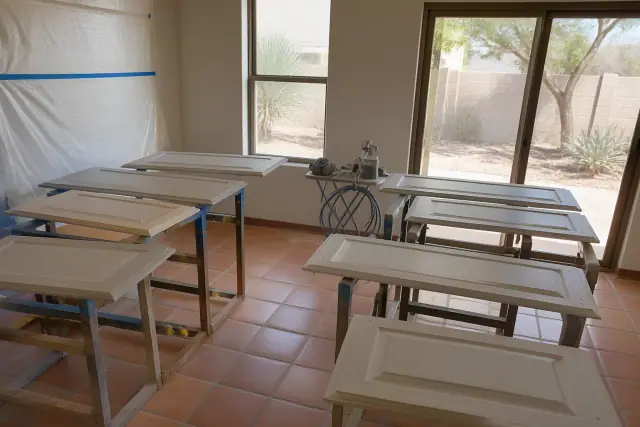 Cabinet doors on drying racks during a painting project in a Phoenix, AZ workshop with desert views.