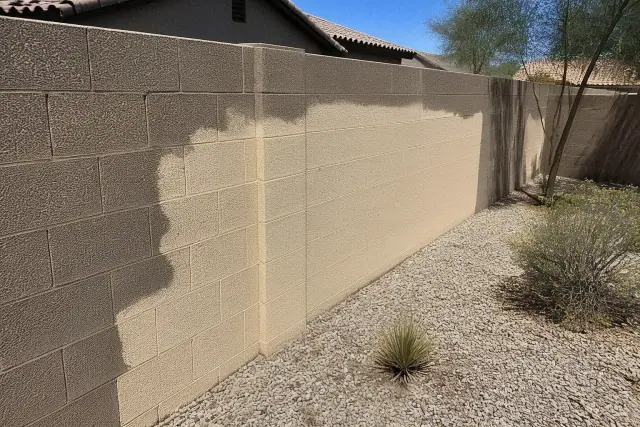 Half-finished masonry coating on a commercial cinder block wall at a job site in Phoenix, AZ.