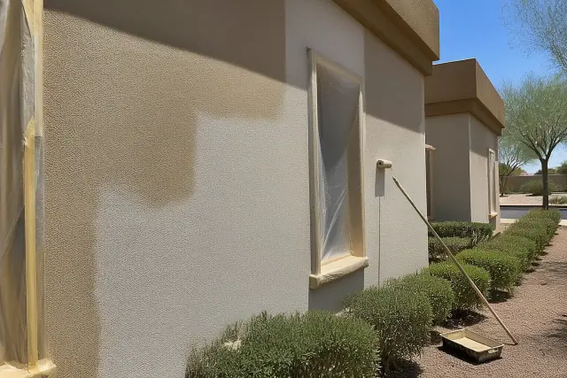 A painter's equipment and fresh paint on a stucco wall at a commercial job site in Glendale, AZ.