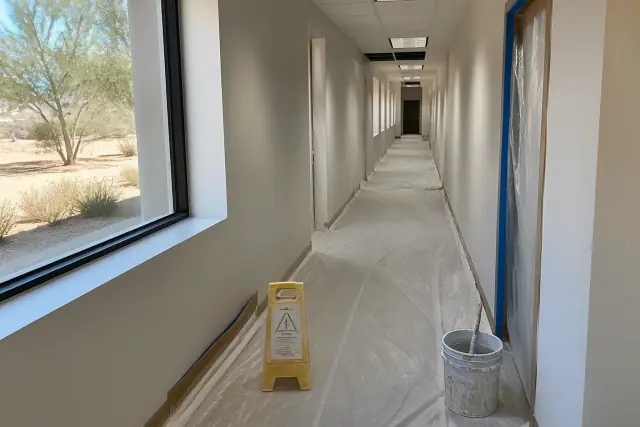 Commercial painting job in a Phoenix, AZ office hallway with wet paint signs and plastic floor coverings.