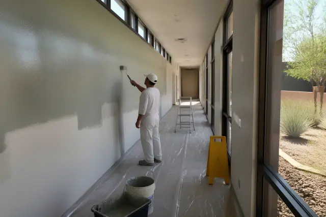 Painter applying fresh paint to a wall in a long office corridor in Chandler, AZ.