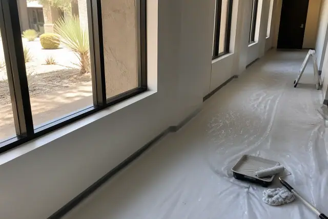 Painting work in progress along a hallway in a Mesa, AZ office building with paint rollers and supplies on the floor.