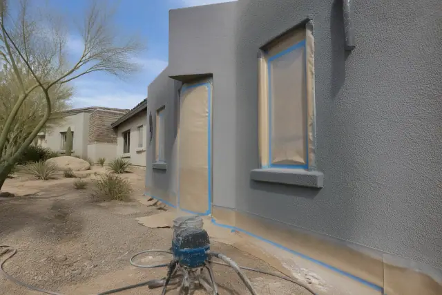 Professional stucco painting project with masking tape and paint sprayer on a jobsite in Phoenix, AZ.