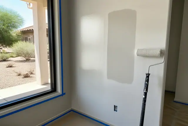Paint sheen swatches and a roller on a wall during a residential painting project in Phoenix, AZ.