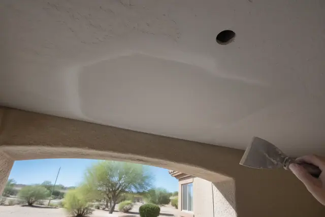 Sanded drywall ceiling patch with joint knife on floor at a residential jobsite in Phoenix, AZ.