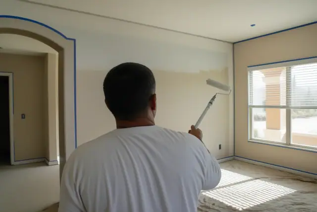 Professional painter working on a living room wall in Phoenix, AZ, with sunlight streaming through the window.