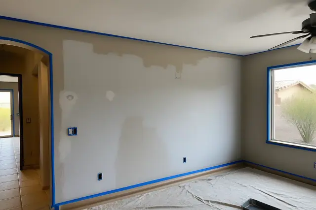 Drywall repair and fresh wall painting in a residential living room in Phoenix, AZ.