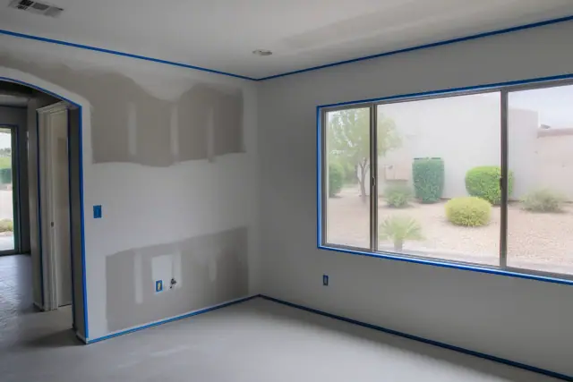 Freshly painted interior walls with blue masking tape in a residential home in Chandler, AZ.