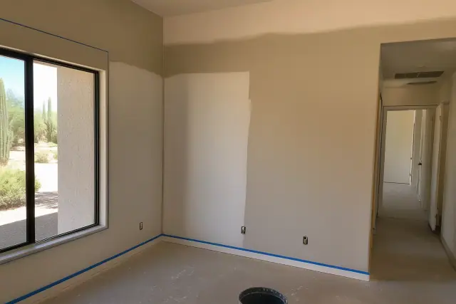 Residential living room undergoing drywall repair and painting in Phoenix, AZ, with taped trim and freshly painted walls.
