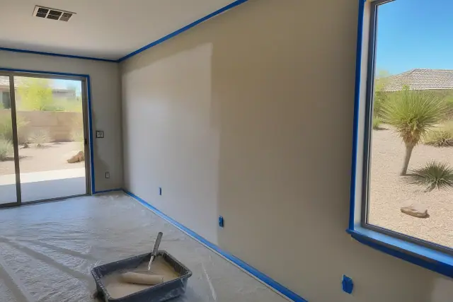Living room drywall repair and painting in progress in a home in Peoria, AZ.