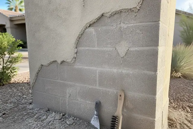 Scraper and wire brush on a masonry wall during surface preparation for a project in Phoenix, AZ.