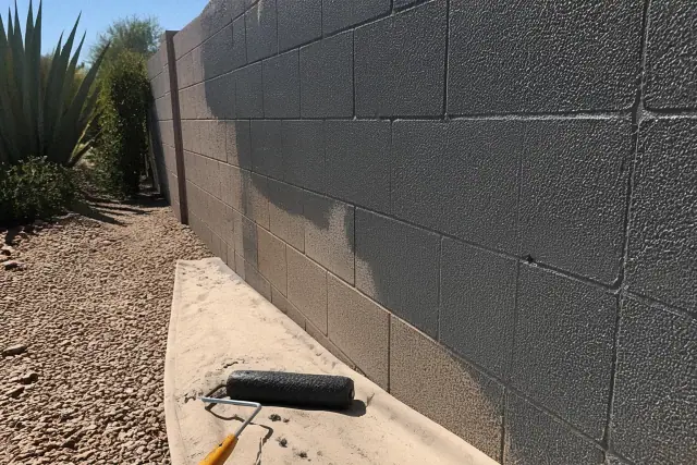 Half-applied elastomeric coating on a concrete block wall in Phoenix, AZ with a paint roller on a drop cloth.