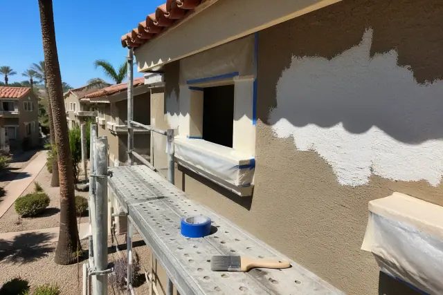 Contractor painting the stucco exterior of an apartment complex in Phoenix, AZ, from a scaffold platform.