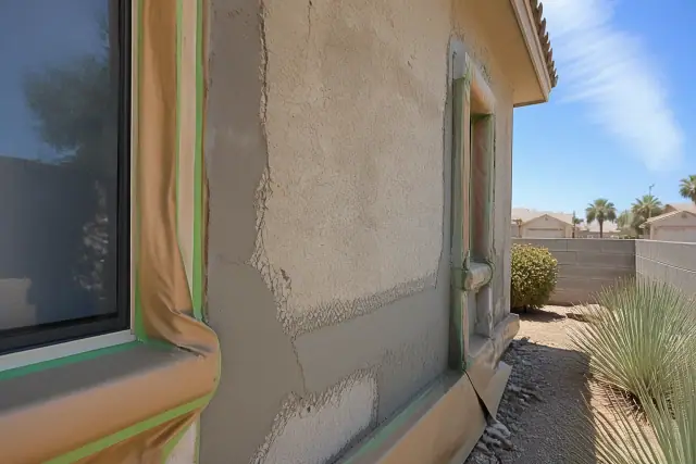 Stucco wall exterior repair with protective masking tape in progress at a residential site in Phoenix, AZ.