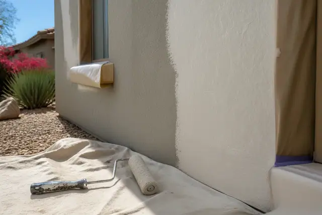 A partially painted stucco wall with protective masking tape and a paint roller at a home in Gilbert, AZ.