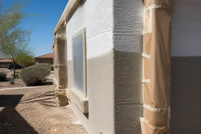 Stucco wall masked with protective paper for exterior painting in Phoenix, AZ.
