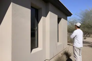 Technician inspecting a finished stucco exterior wall with desert landscaping in Phoenix, AZ.