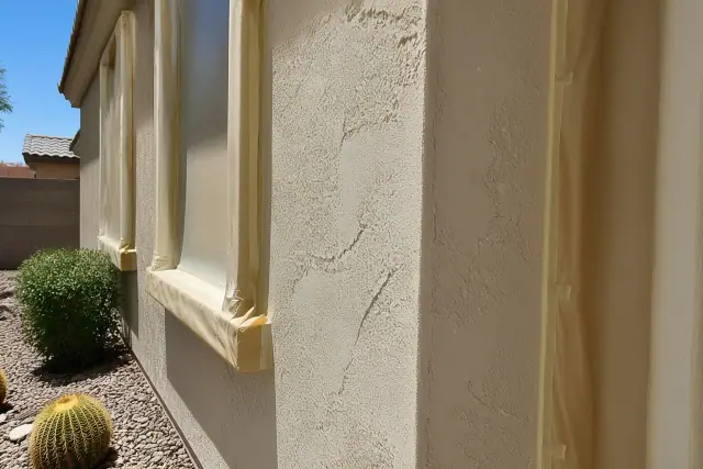 Close-up of stucco wall texture and masking tape on a job site in Phoenix, AZ, under bright sunlight.