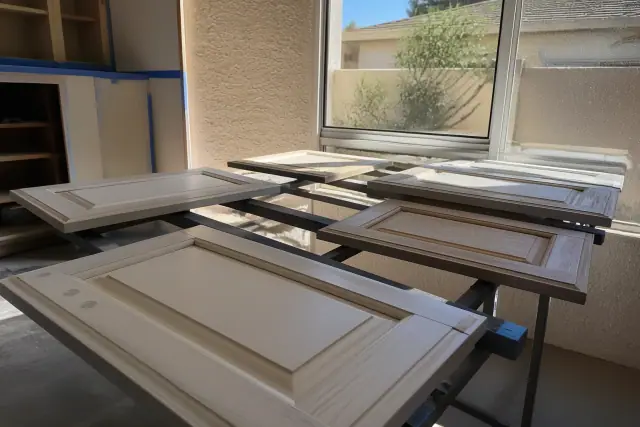 Cabinet doors drying on racks in a kitchen workspace during a painting project in Phoenix, AZ.