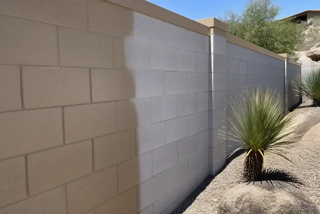 Freshly painted mortar joints and block wall caps on a concrete masonry wall in Phoenix, AZ.