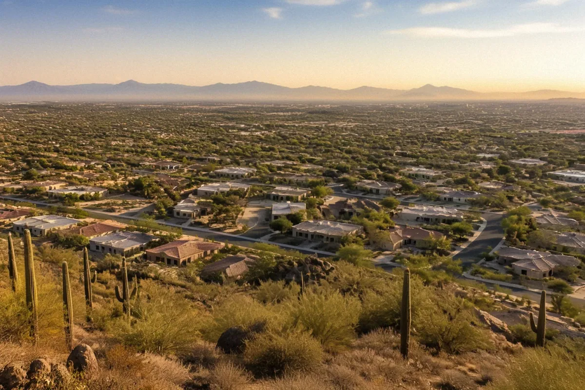 Aerial view of a residential neighborhood with desert landscaping and Saguaro cacti in Phoenix, AZ during golden hour.