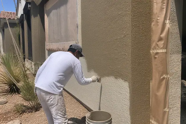 Worker painting a stucco exterior wall with masking tape in Phoenix, AZ.