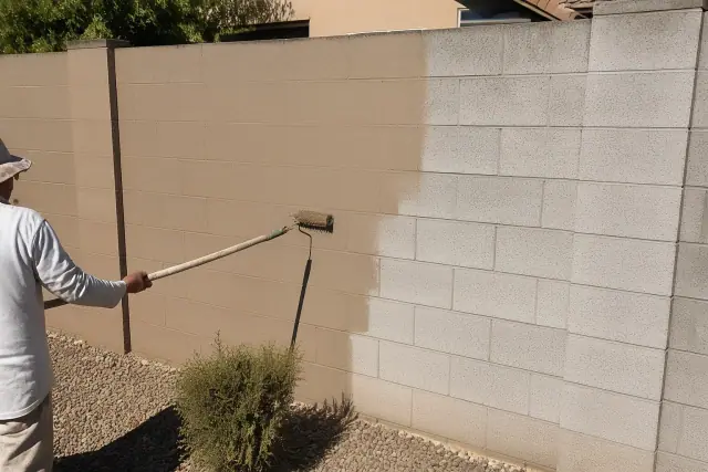 Worker applying masonry coating to a concrete block wall in a desert landscape in Phoenix, AZ.