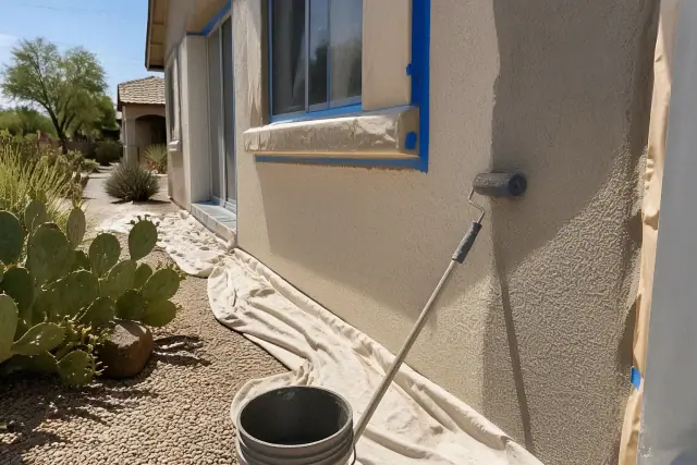Stucco wall undergoing painting with blue painter's tape and protective paper at a residential property in Tempe, AZ.