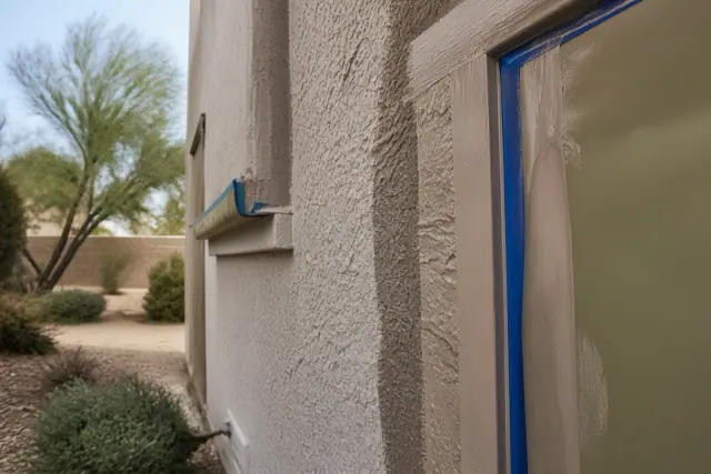 Stucco wall with protective masking and fresh paint near a window at an HOA painting project in Peoria, AZ.