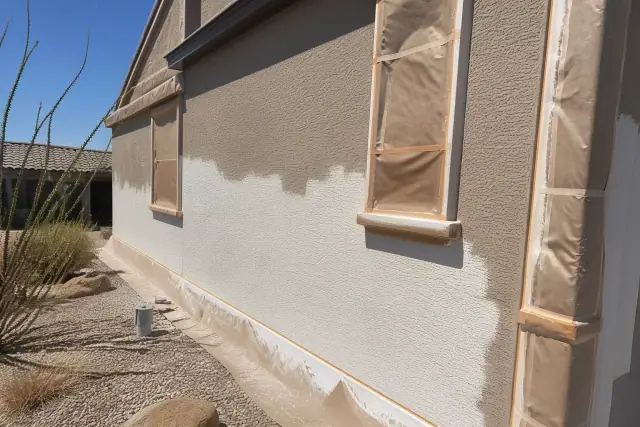 Stucco wall masked with protective paper for painting during a residential project in Phoenix, AZ.