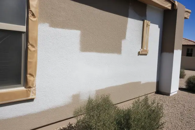 Stucco wall with primer and masking tape during a home exterior painting project in Mesa, AZ.