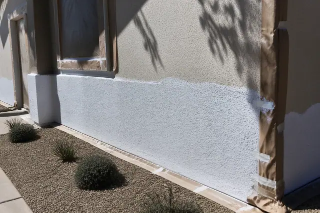 Fresh elastomeric coating on a textured stucco wall at a residential jobsite in Gilbert, AZ.
