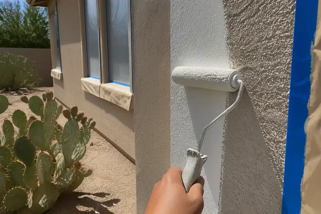 Technician painting a stucco wall with a roller in Chandler, AZ, with protective tape and desert landscaping nearby.