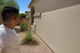 Contractor inspecting a freshly painted exterior stucco wall near desert landscaping in Phoenix, AZ.