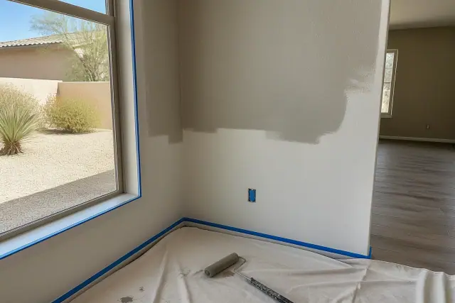 Empty living room during an interior painting project in Goodyear, AZ, with taped trim and a paint roller on a drop cloth.