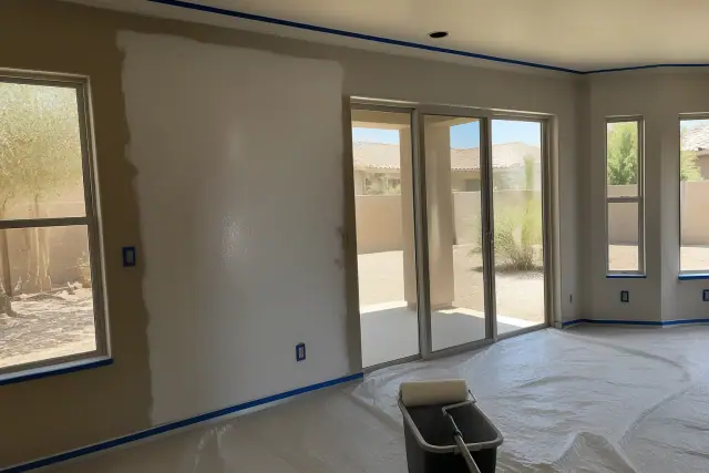 Interior painting progress in a residential home in Glendale, AZ, with taped trim and a paint roller on a drop cloth.