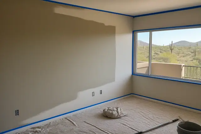 Empty apartment living room in Phoenix, AZ with taped trim and freshly painted wall segments.