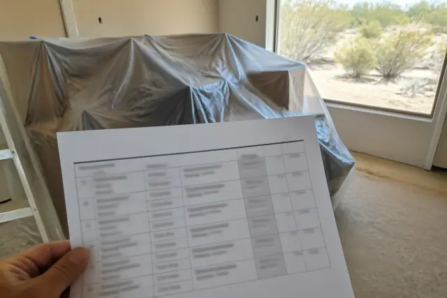 Itemized estimate document for renovation prep work in a residential room in Phoenix, AZ.