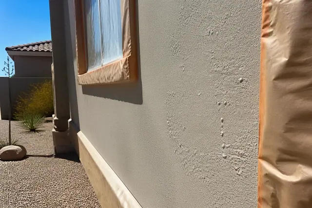 Moisture blisters on a painted stucco wall at a Phoenix, AZ worksite with xeriscaped yard in the background.