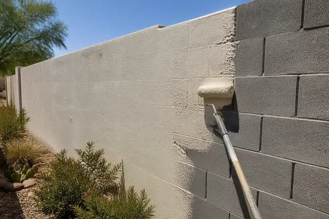 Contractor applying masonry coating to a concrete block wall at a job site in Phoenix, AZ.