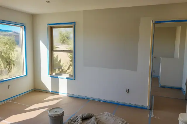 Drywall repair and paint progress in a Phoenix, AZ living room with taped trim and fresh paint strokes.