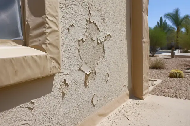 Peeling paint on a stucco wall with protective masking tape in Phoenix, AZ.